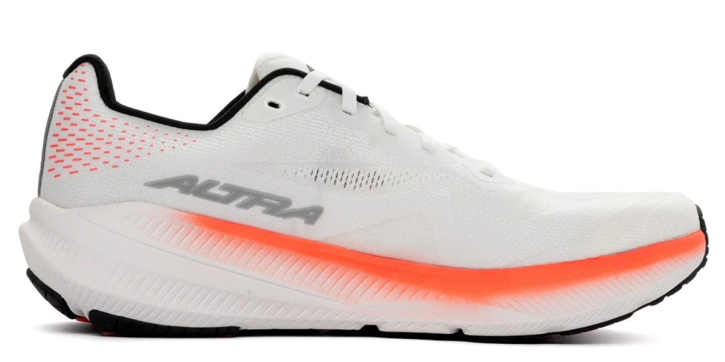 Altra men's white road running shoe with coral orange midsole stripe and reflective logo, lateral view