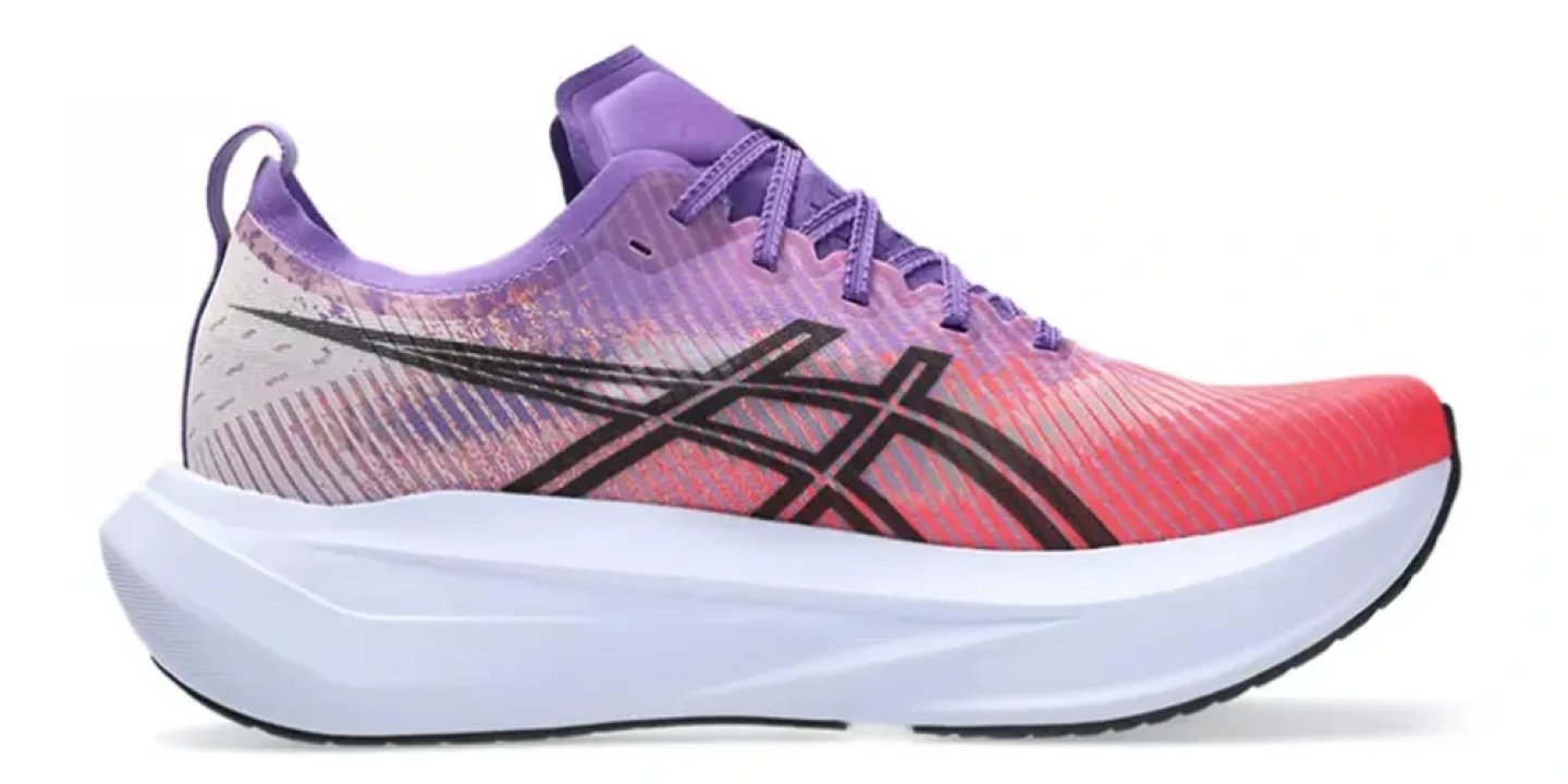 Asics Gel-Nimbus 25 women's running shoe in purple and coral gradient with white midsole, lateral view
