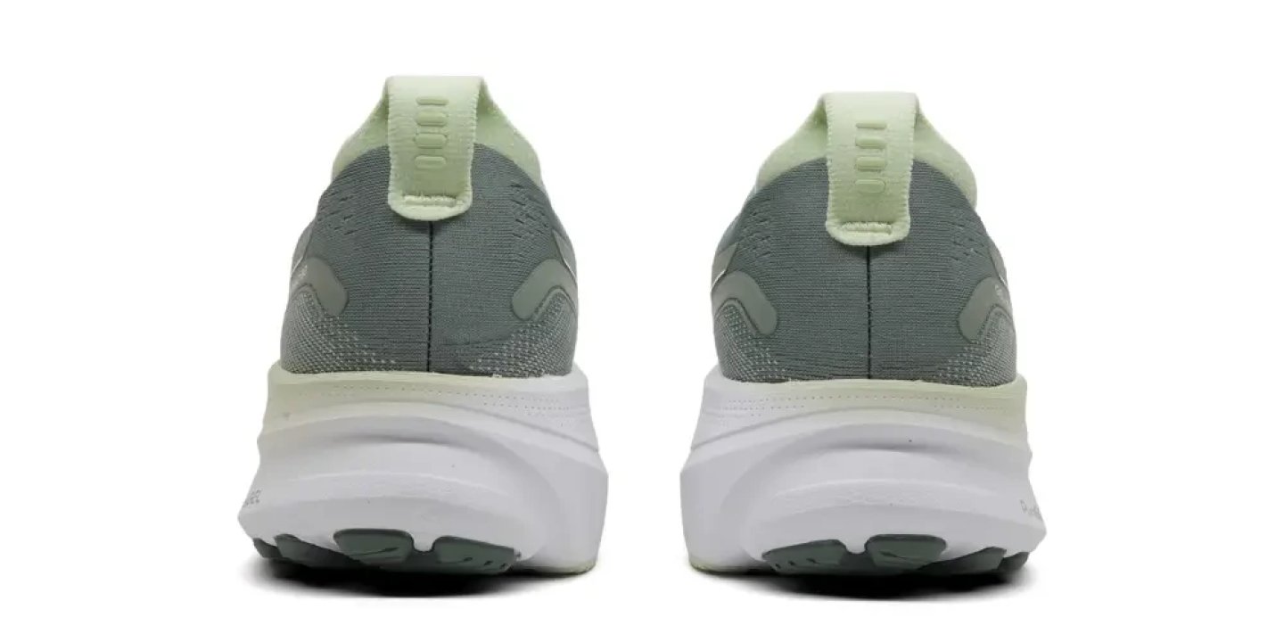 Rear view of Asics Kayano 32 running shoes in sage green and grey with white midsole