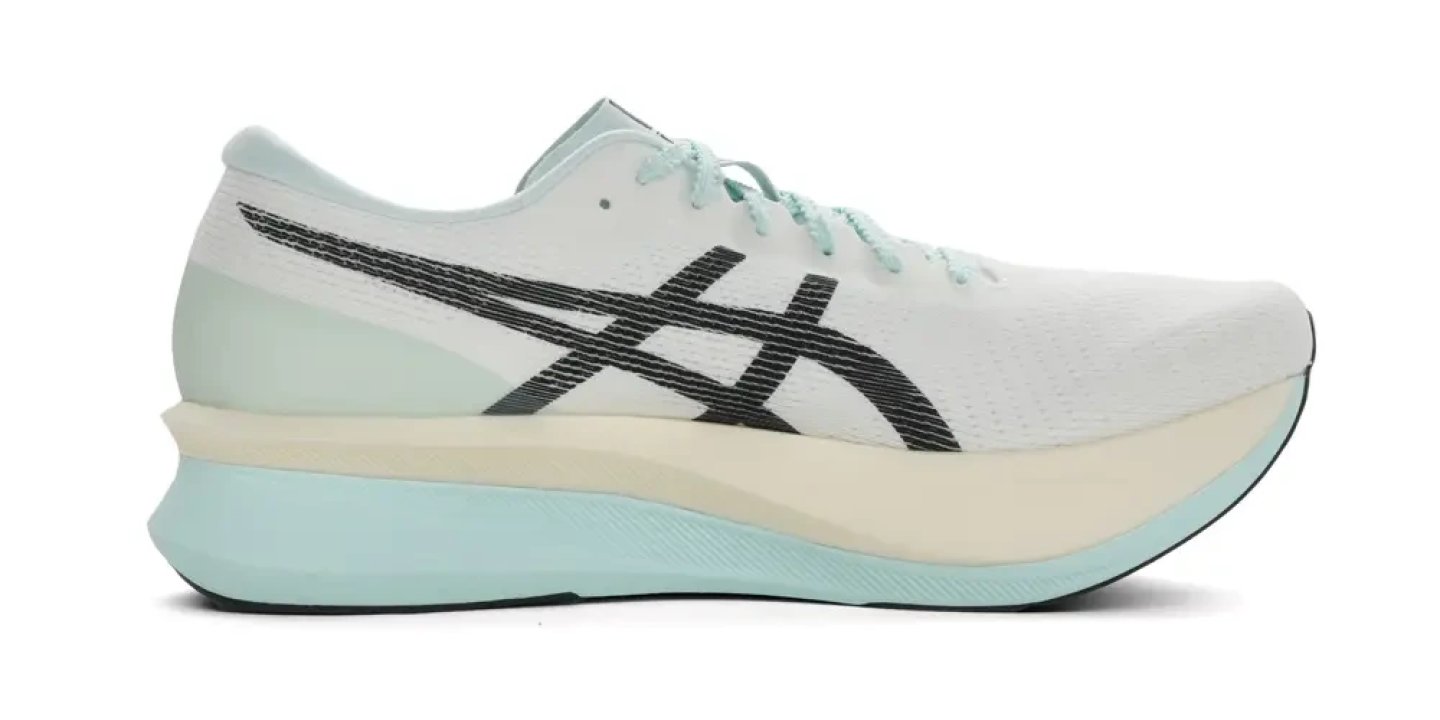 Asics Magic Speed 3 running shoe in white and mint green with black Asics stripe logo, lateral side view