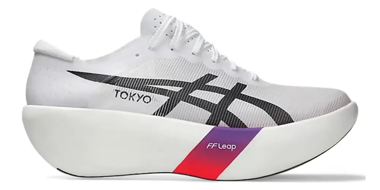 ASICS Metaspeed Sky Tokyo white racing shoe with black stripes and FF Leap midsole, lateral view.