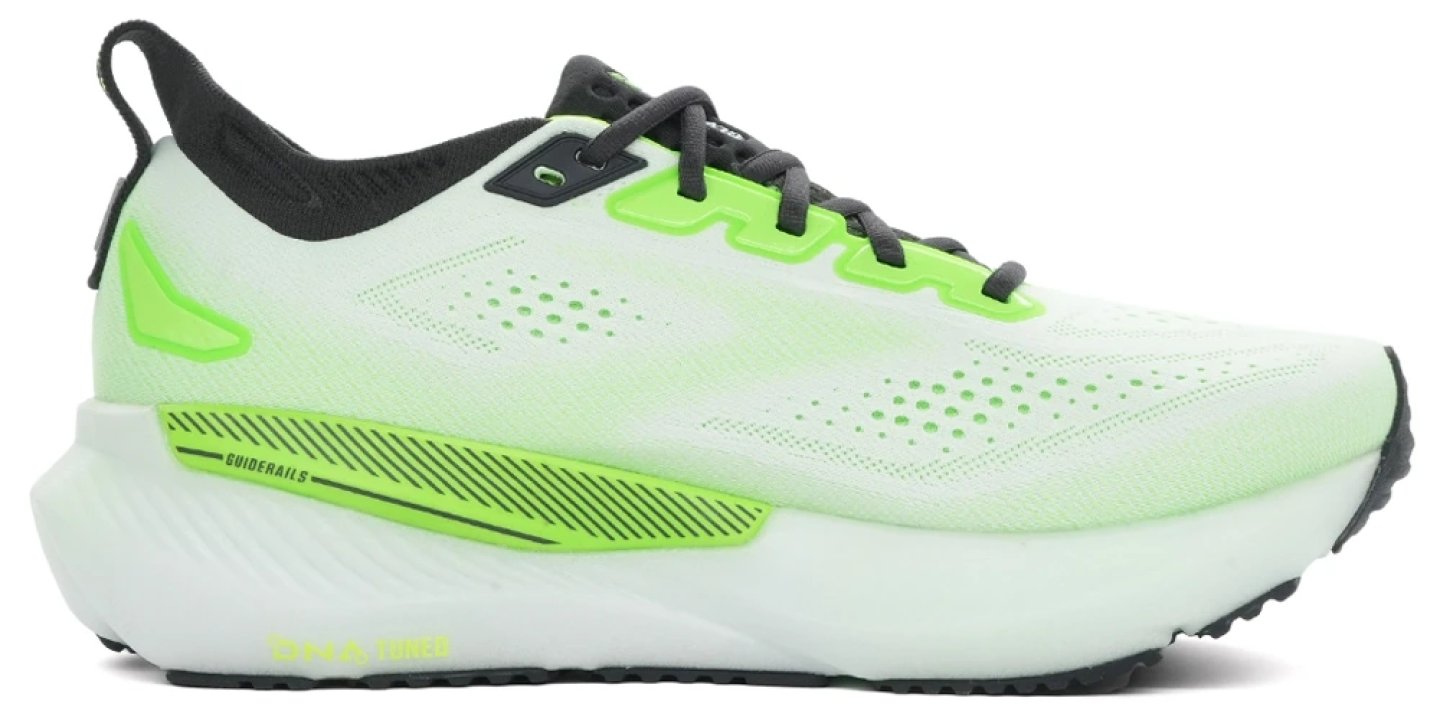 Brooks Glycerin GTS 23 running shoe in mint green and lime with white midsole, GuideRails support, and DNA TUNED cushioning