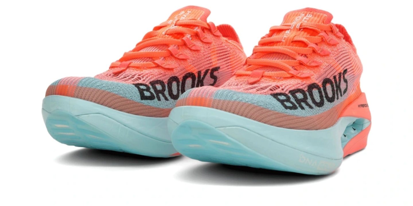Pair of Brooks Hyperion Elite running shoes in coral orange and mint blue colorway, rear three-quarter view