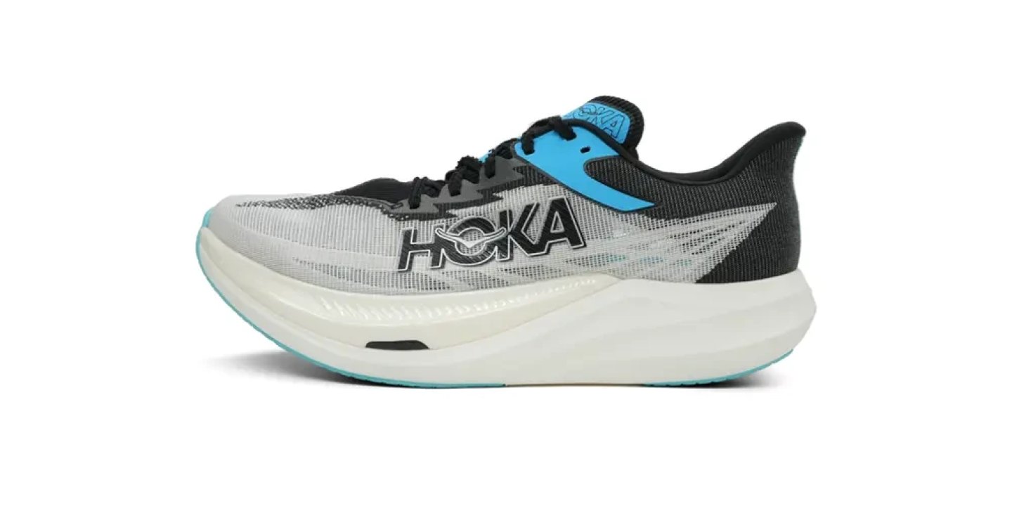 Hoka Carbon X 3 running shoe in black, white and cyan blue colourway, lateral side view on white background