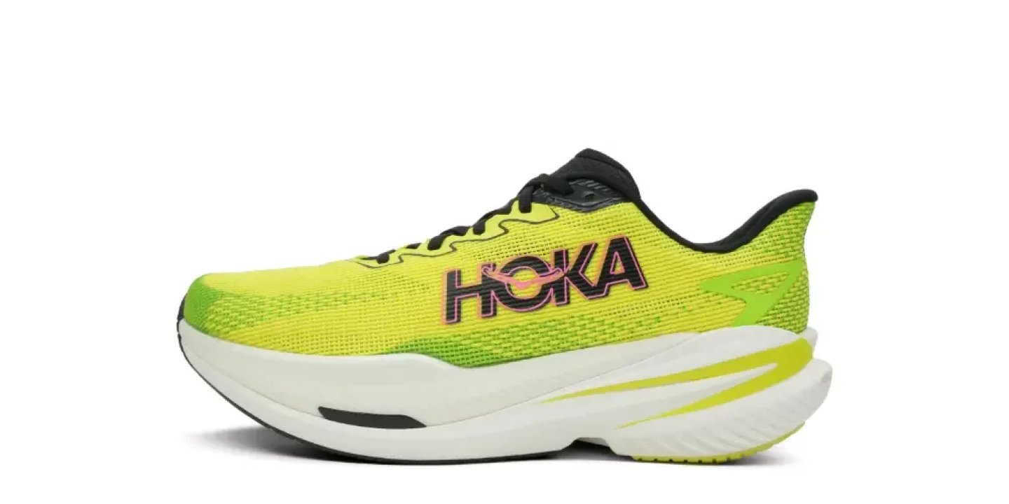 HOKA Mach 6 running shoe in citrus yellow-green with white rocker midsole and black collar, lateral view.