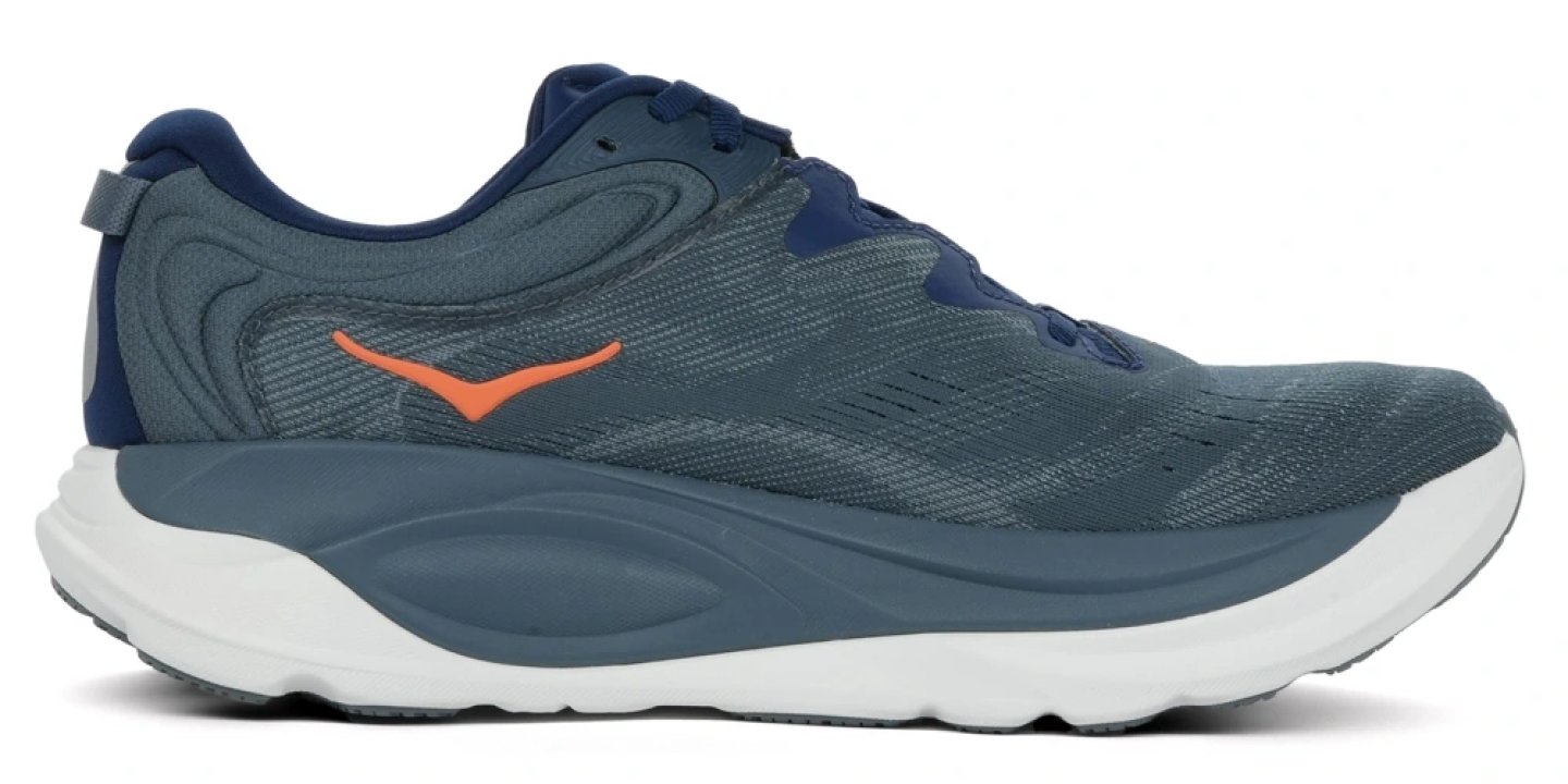 Men's Hoka running shoe in slate blue with orange swoosh logo, navy heel counter and thick white midsole, lateral view