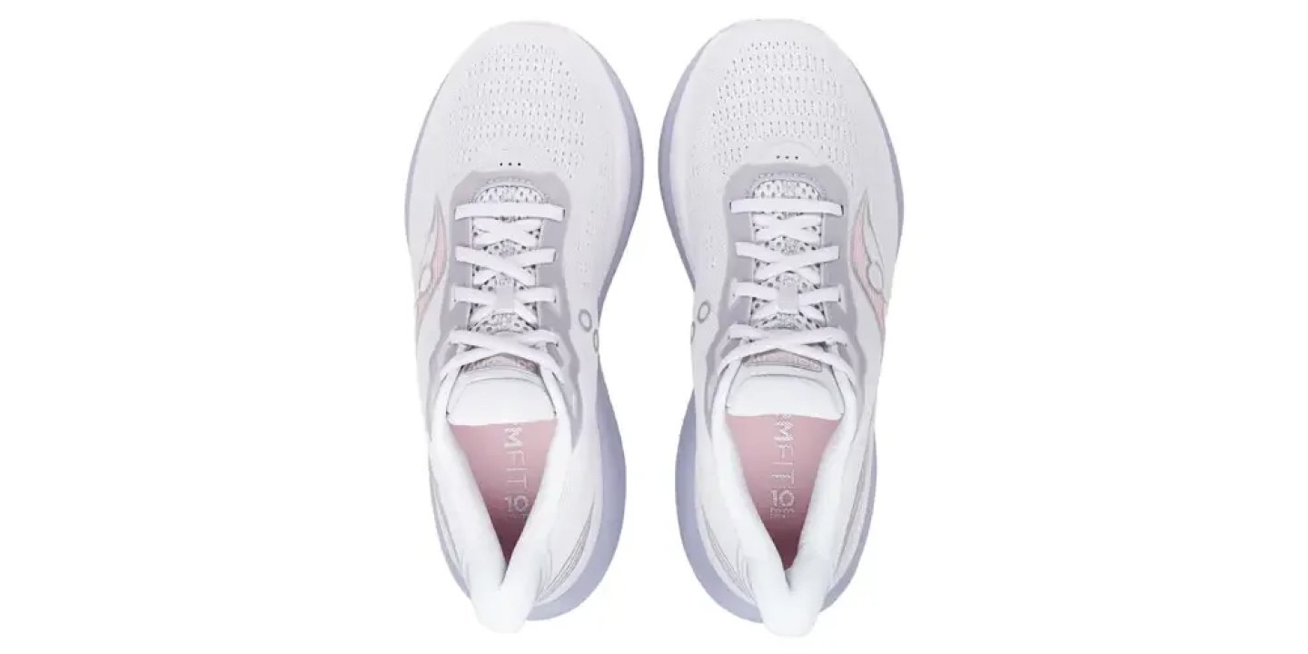 Top-down view of Saucony women's white and grey running shoes with pink FORMFIT insoles and white laces.
