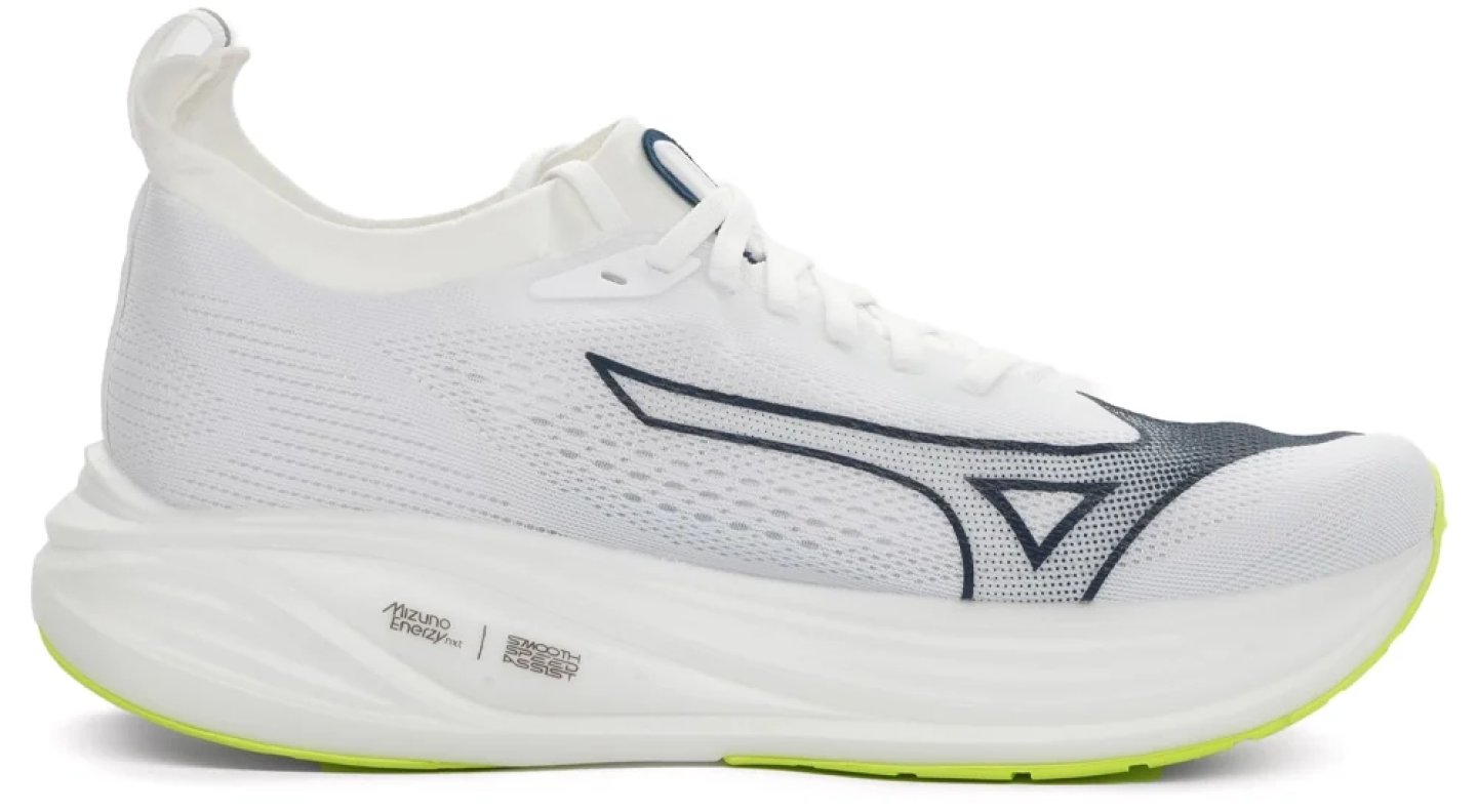 Mizuno running shoe in white with navy Runbird logo, thick foam midsole, and neon yellow outsole, lateral side view.
