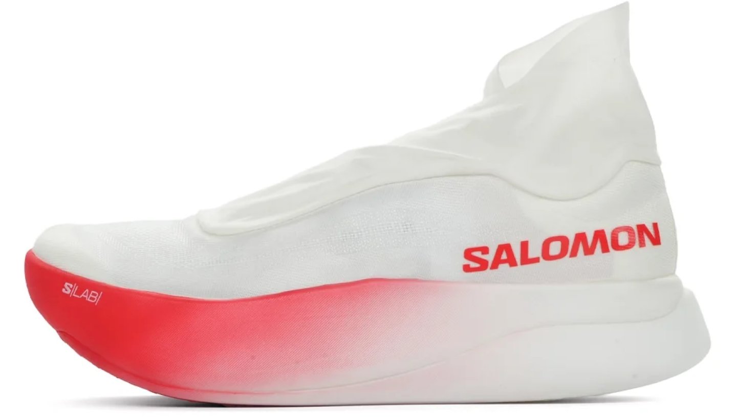 Salomon S/Lab running shoe in white with a red gradient midsole, shown from the lateral side.