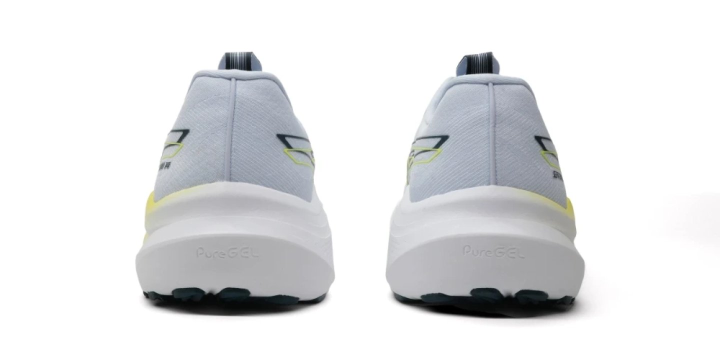 Rear view of a pair of Asics PureGEL running shoes in ice blue with yellow accents and white midsole