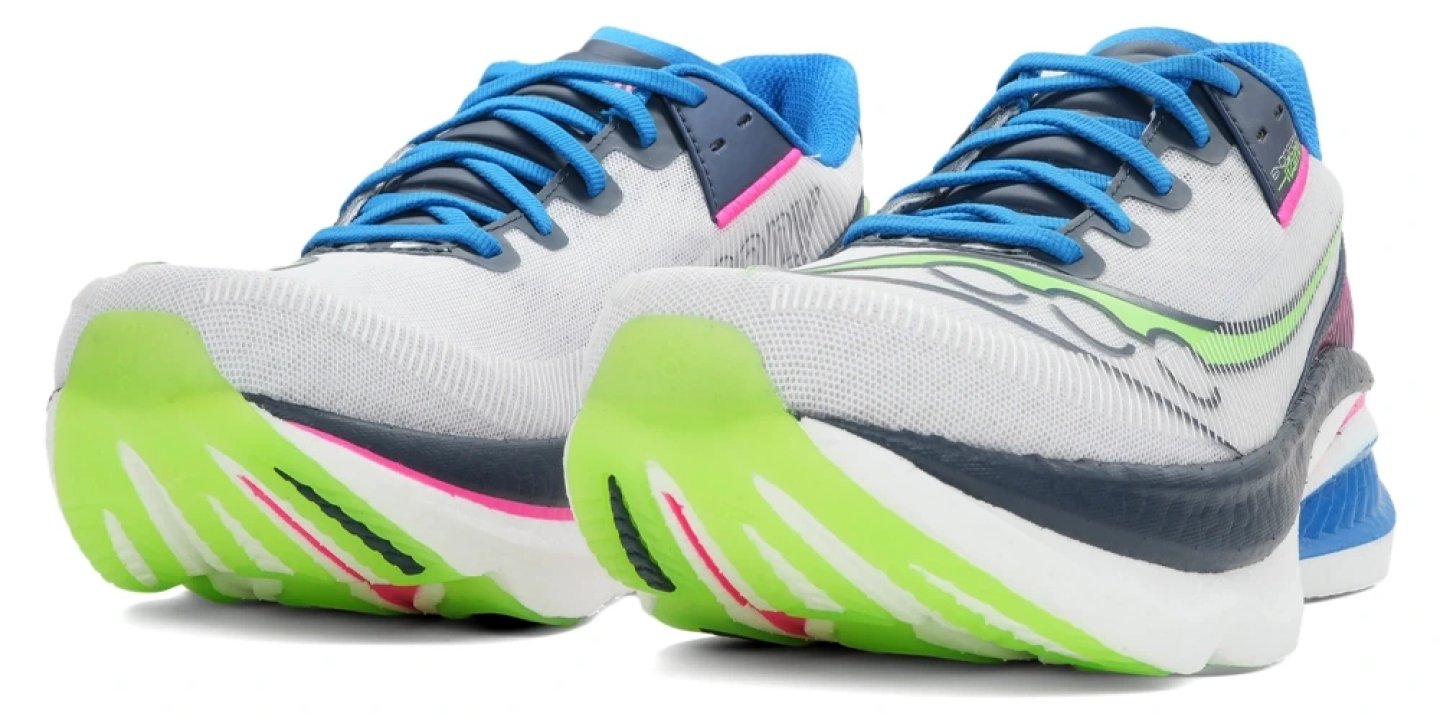 Rear view of Saucony Endorphin Speed running shoes in white, blue, navy and lime green with pink accents