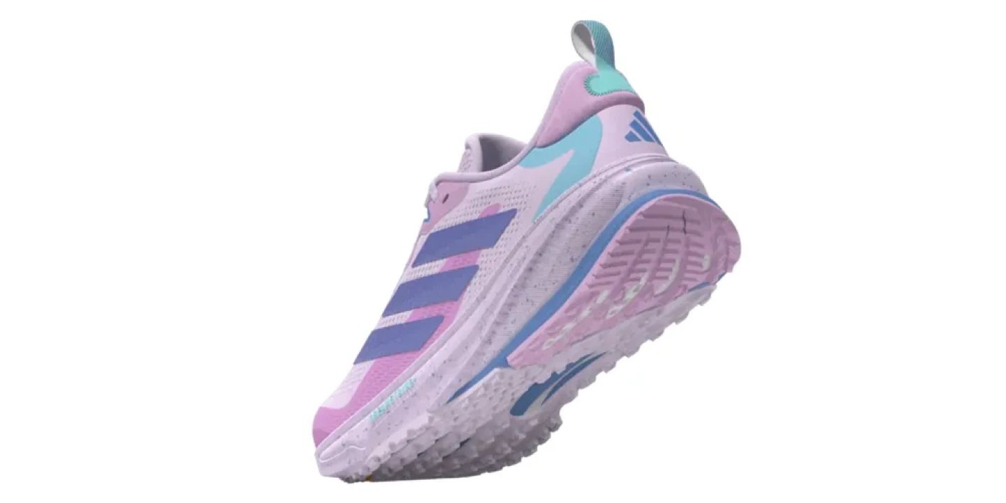 Adidas women's running shoe in lavender pink with purple three stripes, teal heel pull tab and speckled midsole
