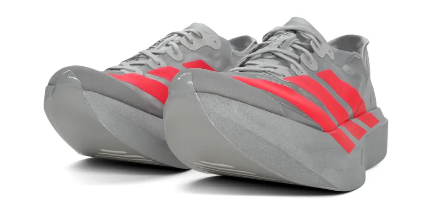 Pair of Adidas Adizero running shoes in grey with coral red three stripes and thick stacked midsole, rear three-quarter view